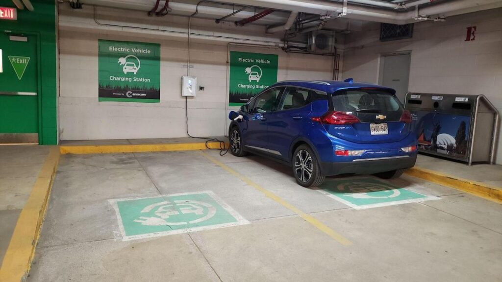 EV charging in the underground parking lot below the Enercare Centre